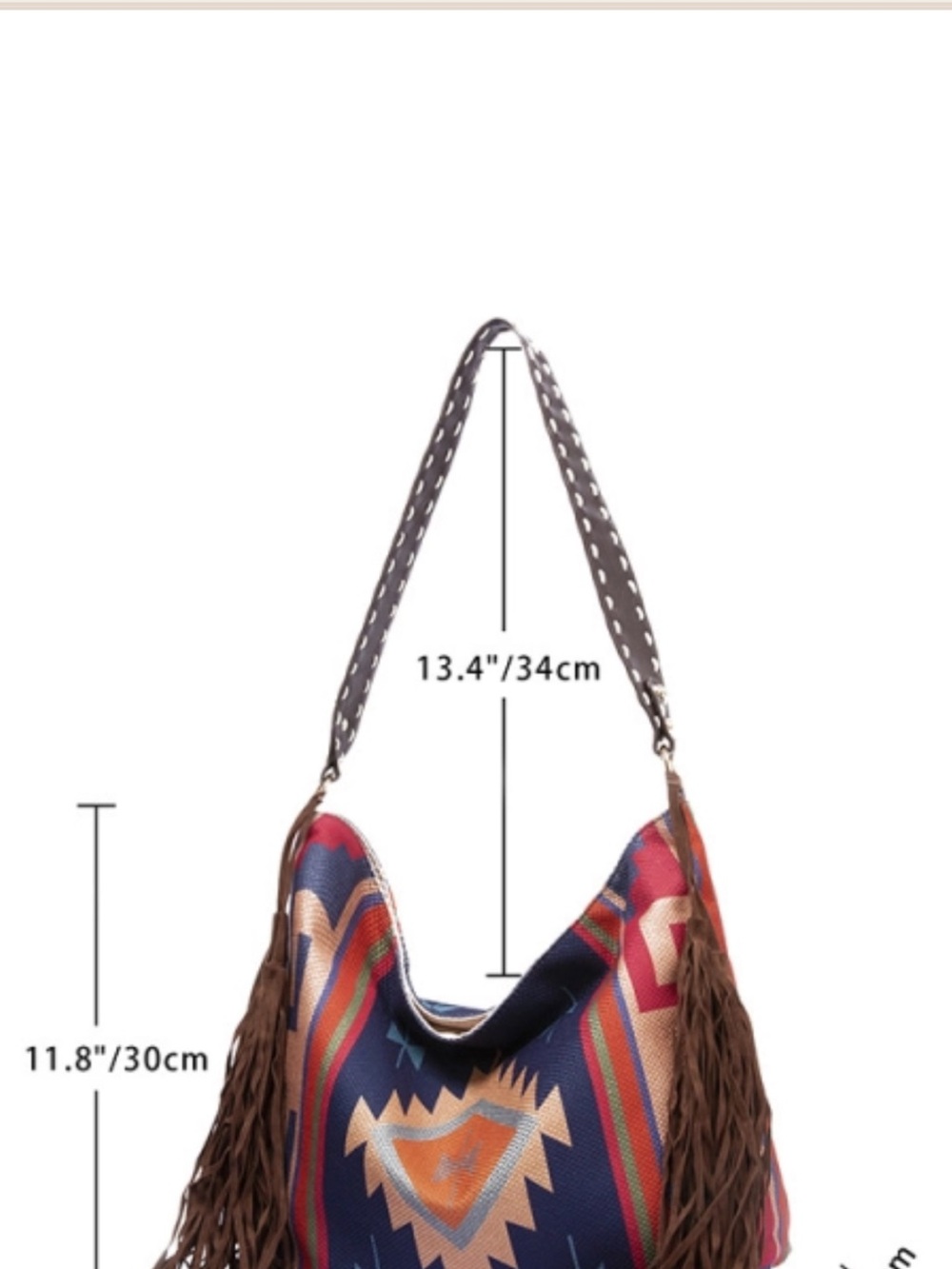 Southwestern Fringe Canvas Shoulder Bag in Navy and coral - Picture 2 of 3